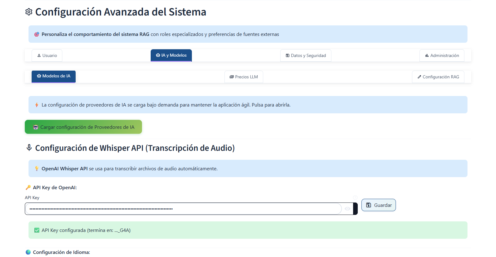 Panel avanzado de modelos de IA con configuración de proveedores DeepSeek OpenAI Anthropic y Google